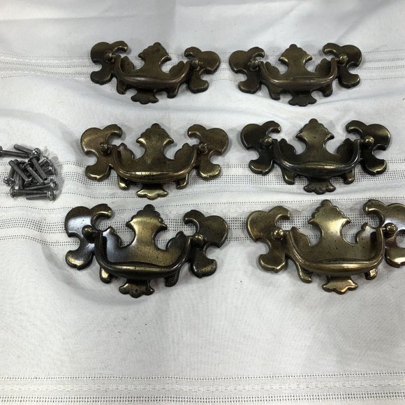 6PC Large Queen Anne Chippendale Drawer Pulls Lock Plate Brass Tone Metal Screws solofficialkw.com